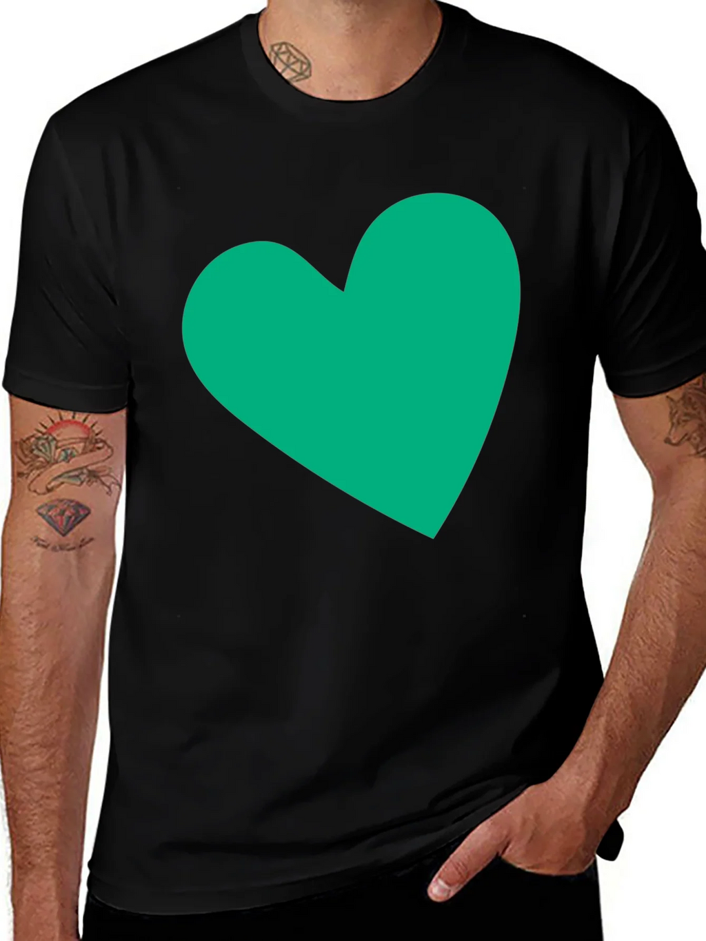 Black Tee with Green Heart Graphic