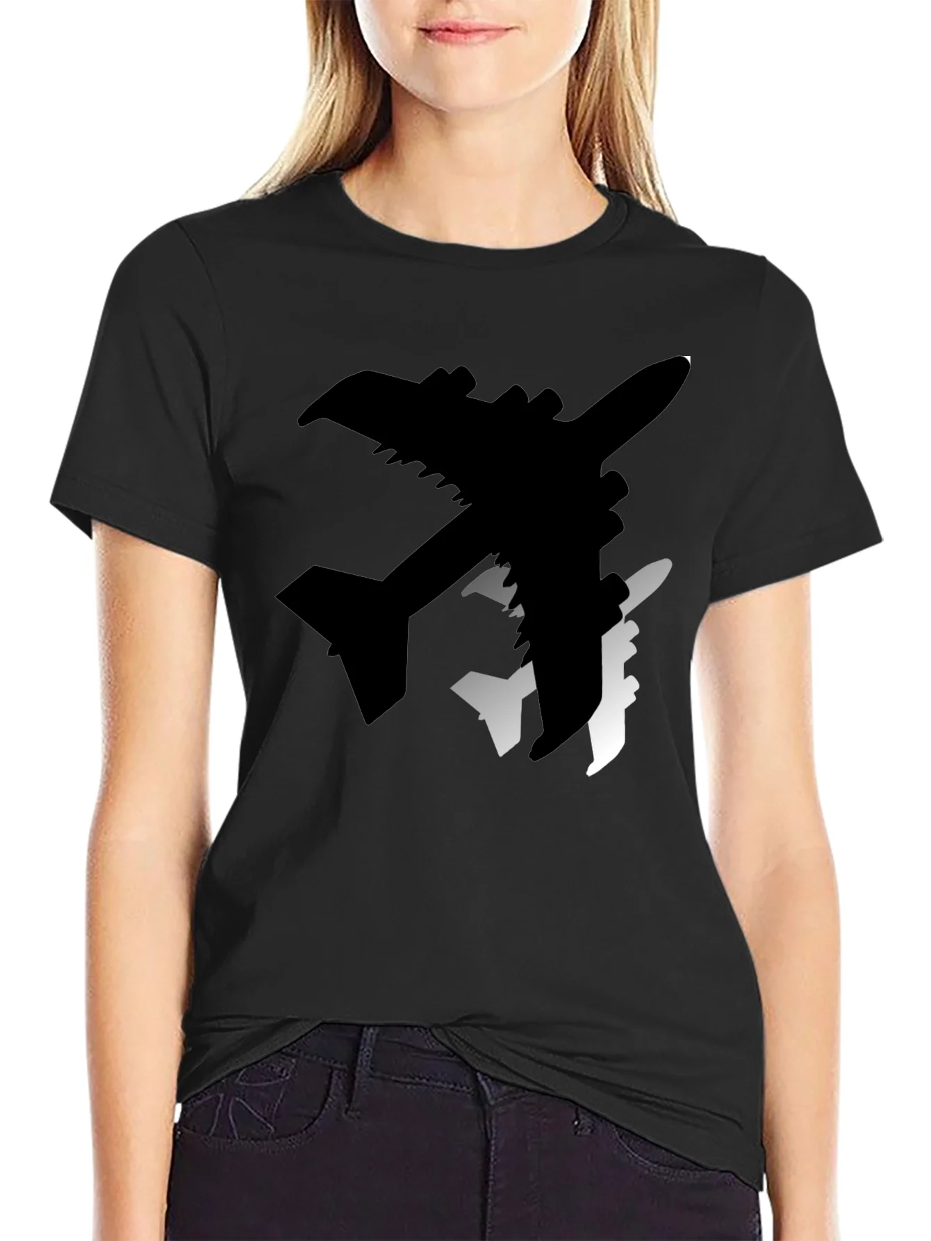 Airplane Silhouette Graphic Tee - Stylish Black T-Shirt