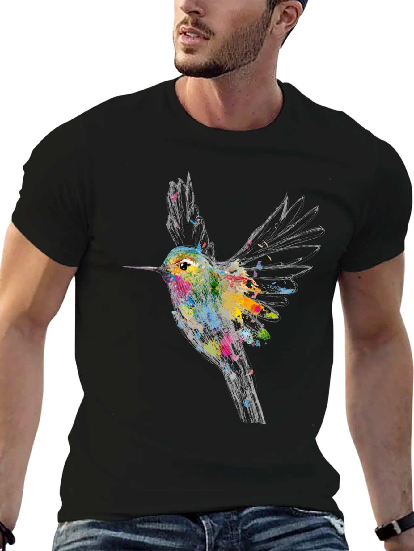 Hummingbird Graphic Print Black T-Shirt