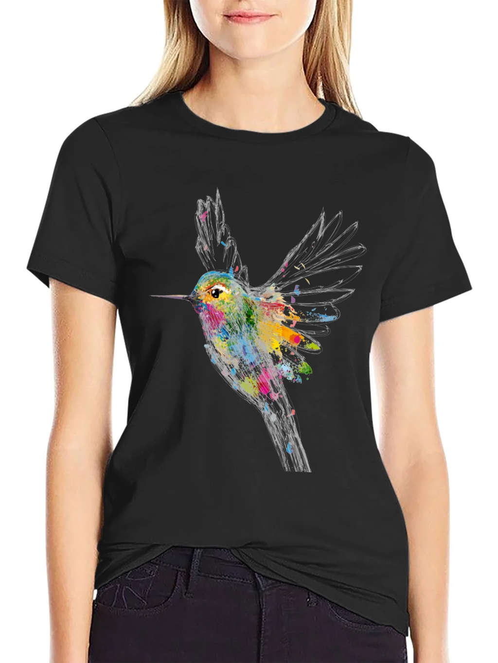 Hummingbird Graphic Print Black T-Shirt