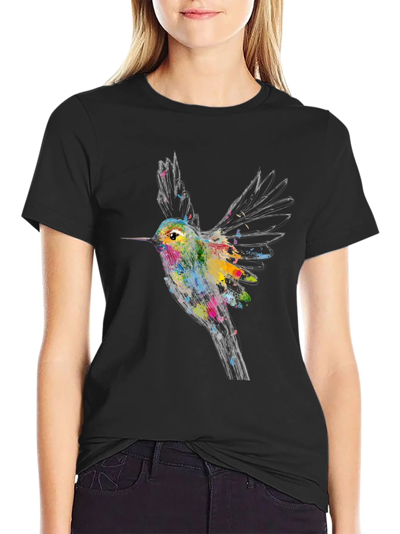 Hummingbird Graphic Print Black T-Shirt
