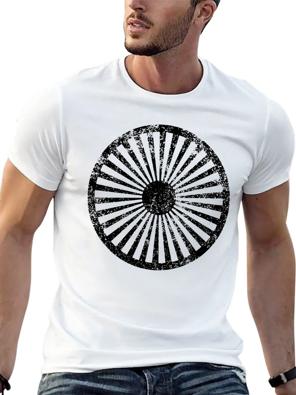 Retro Wheel Design Black T-Shirt