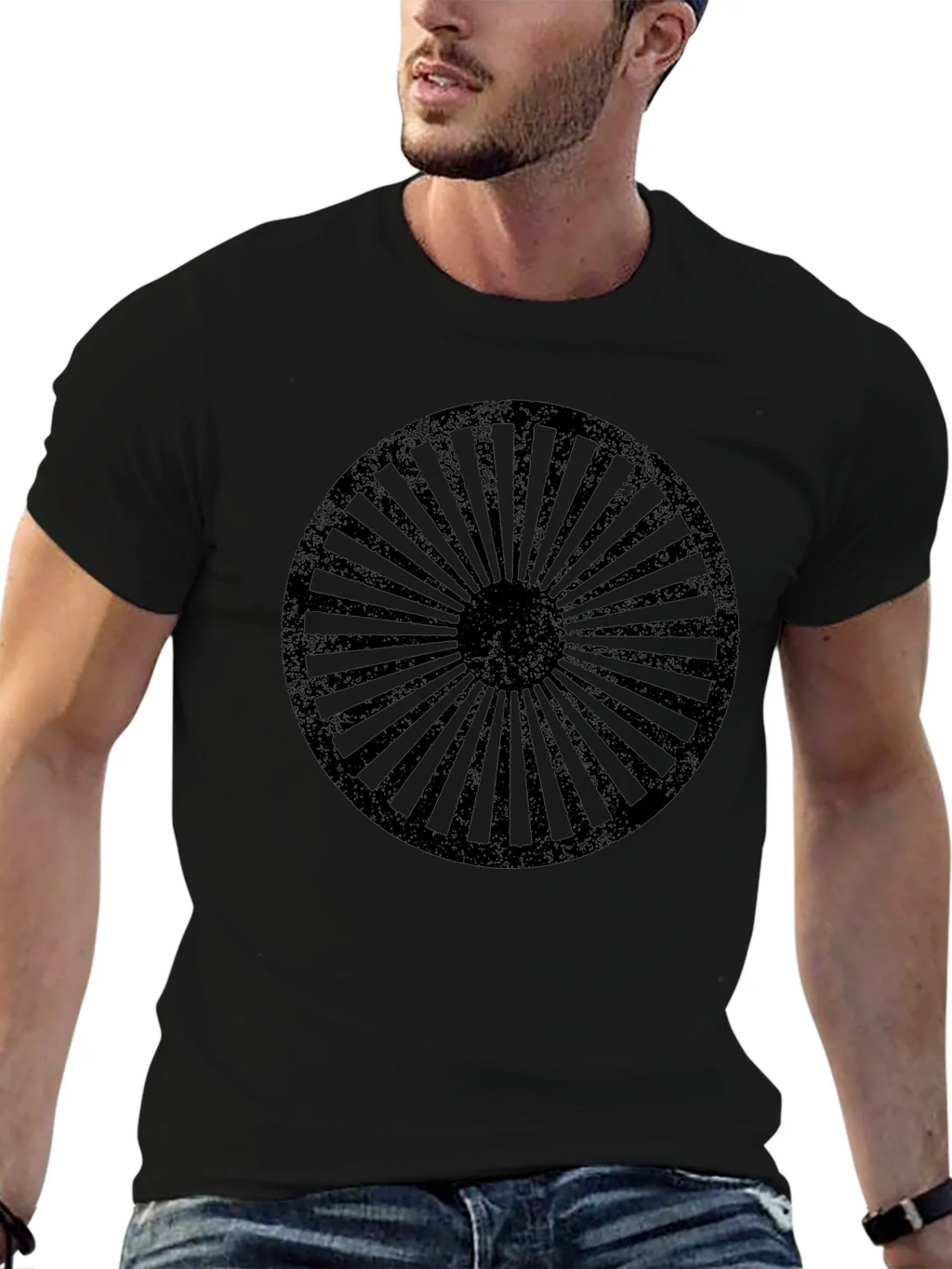 Retro Wheel Design Black T-Shirt