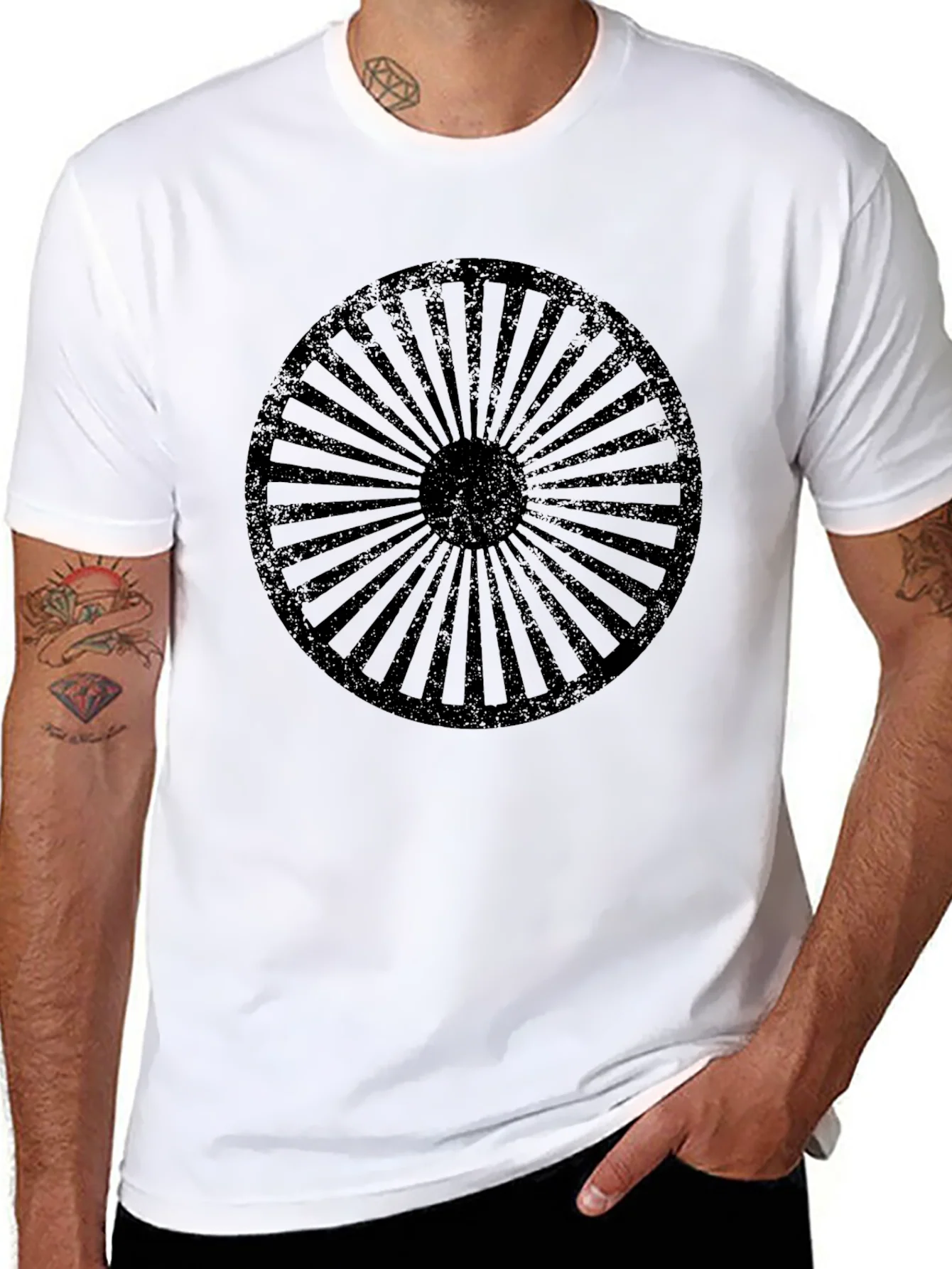 Retro Wheel Design Black T-Shirt