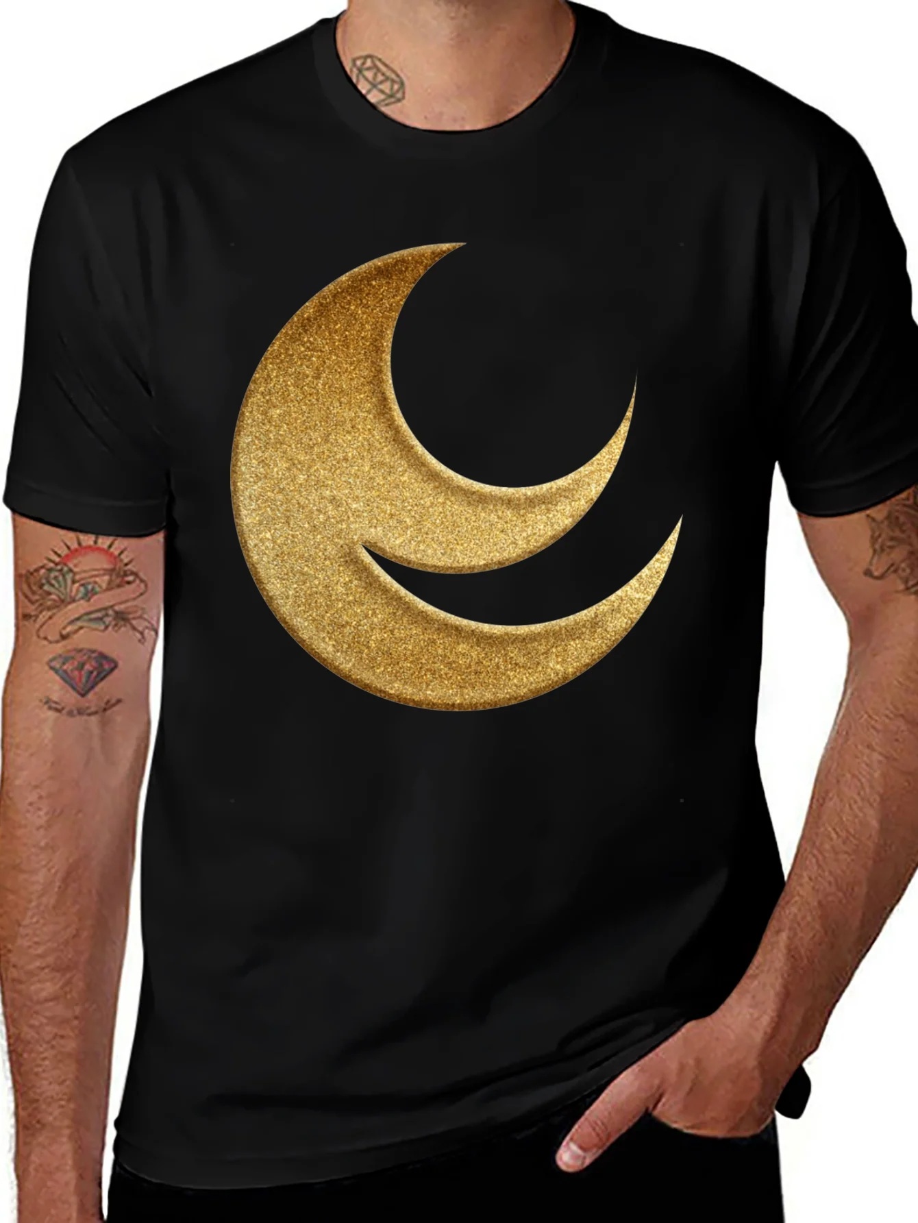 Golden Crescent Moon Black T-Shirt