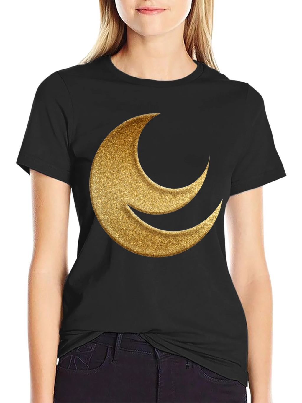 Golden Crescent Moon Black T-Shirt