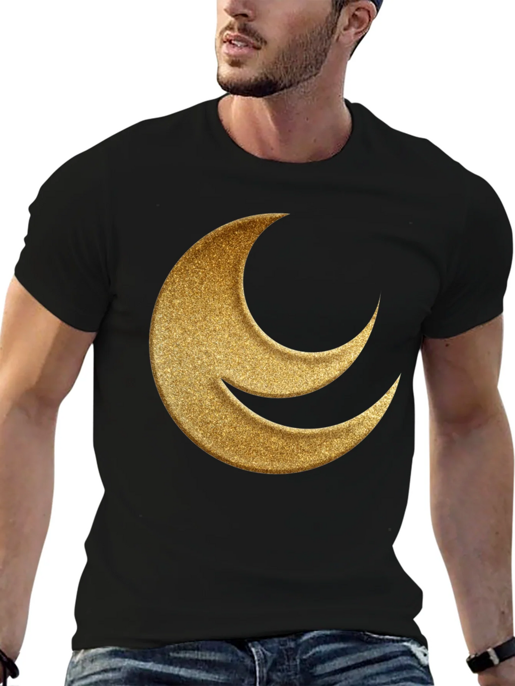 Golden Crescent Moon Black T-Shirt
